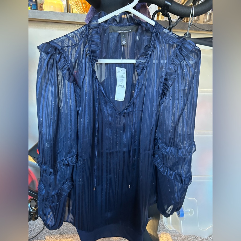 Elegant Navy Blue Sheer WHBM Blouse - NWT